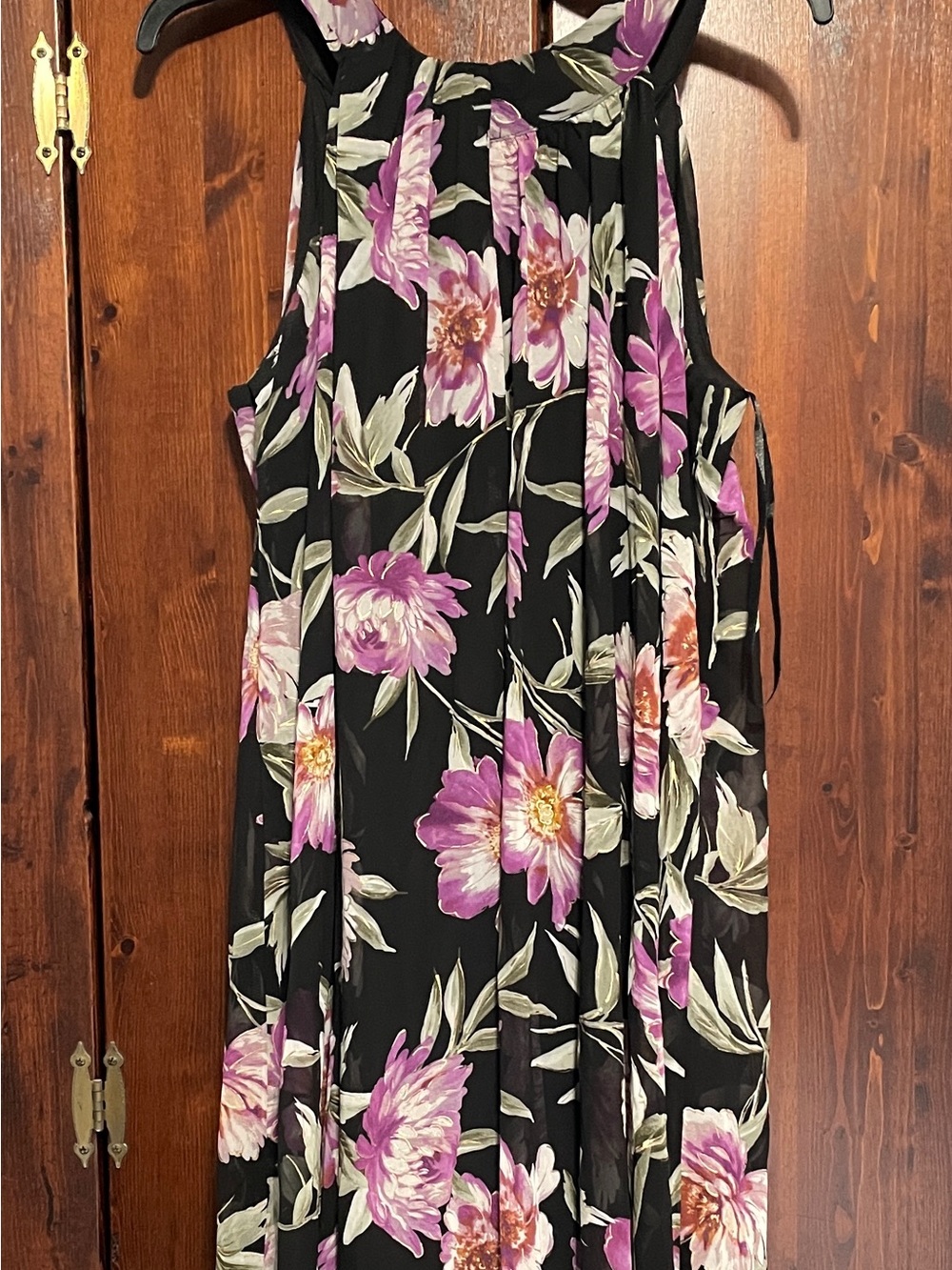 Black Floral Sleeveless Midi Dress with Purple Flowers